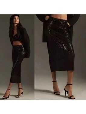 NWT Anthropologie Black See-Through Skirt Built-In Panties Sequin Netting Size L